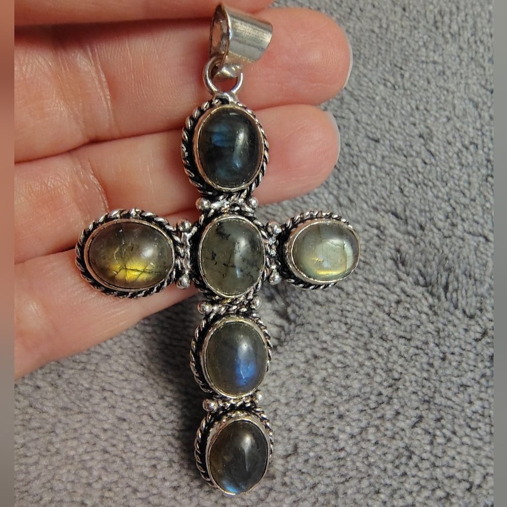 Natural Labradorite Beaded Cross Pendant